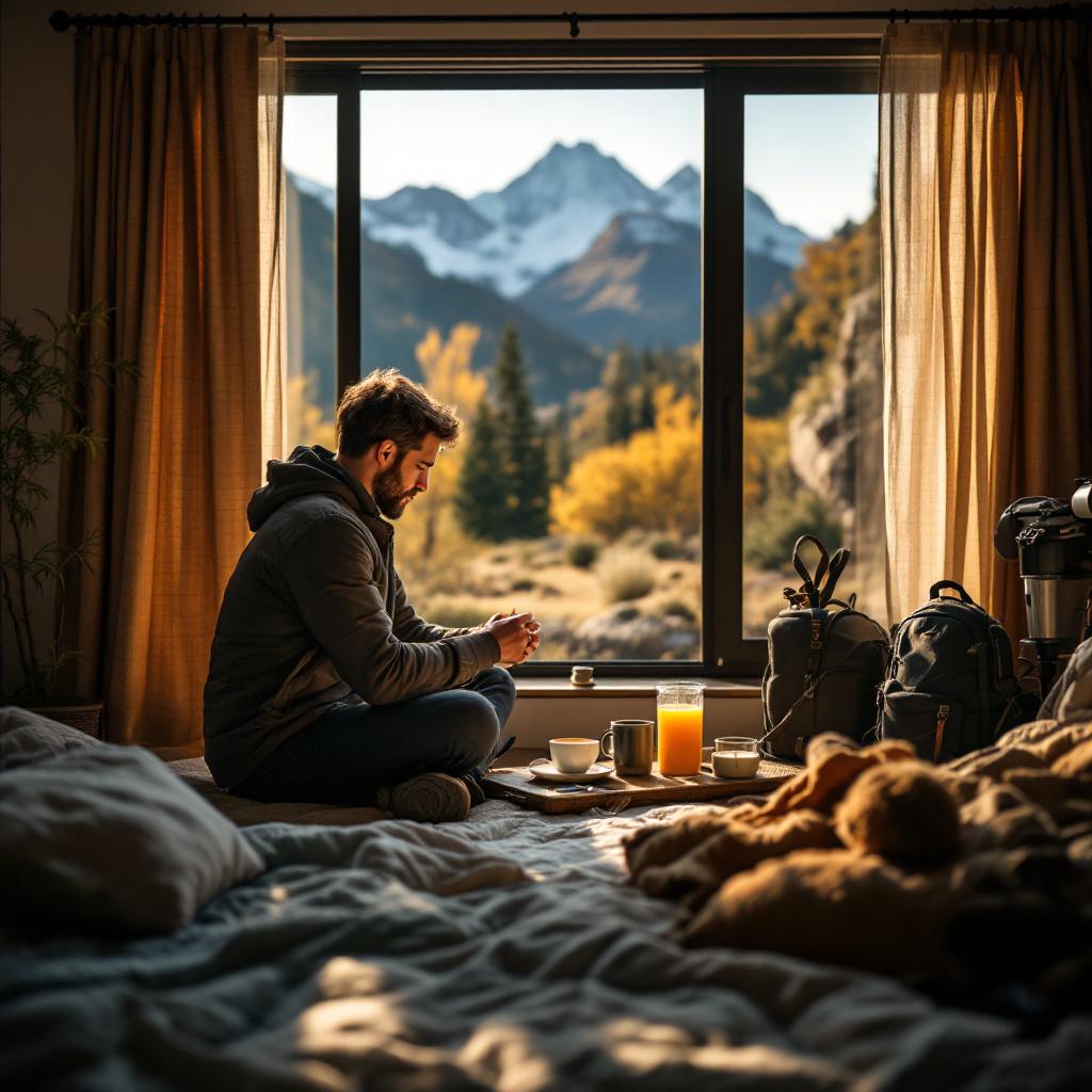 A man sits on a bed near a window, overlooking a mountain landscape while enjoying breakfast.