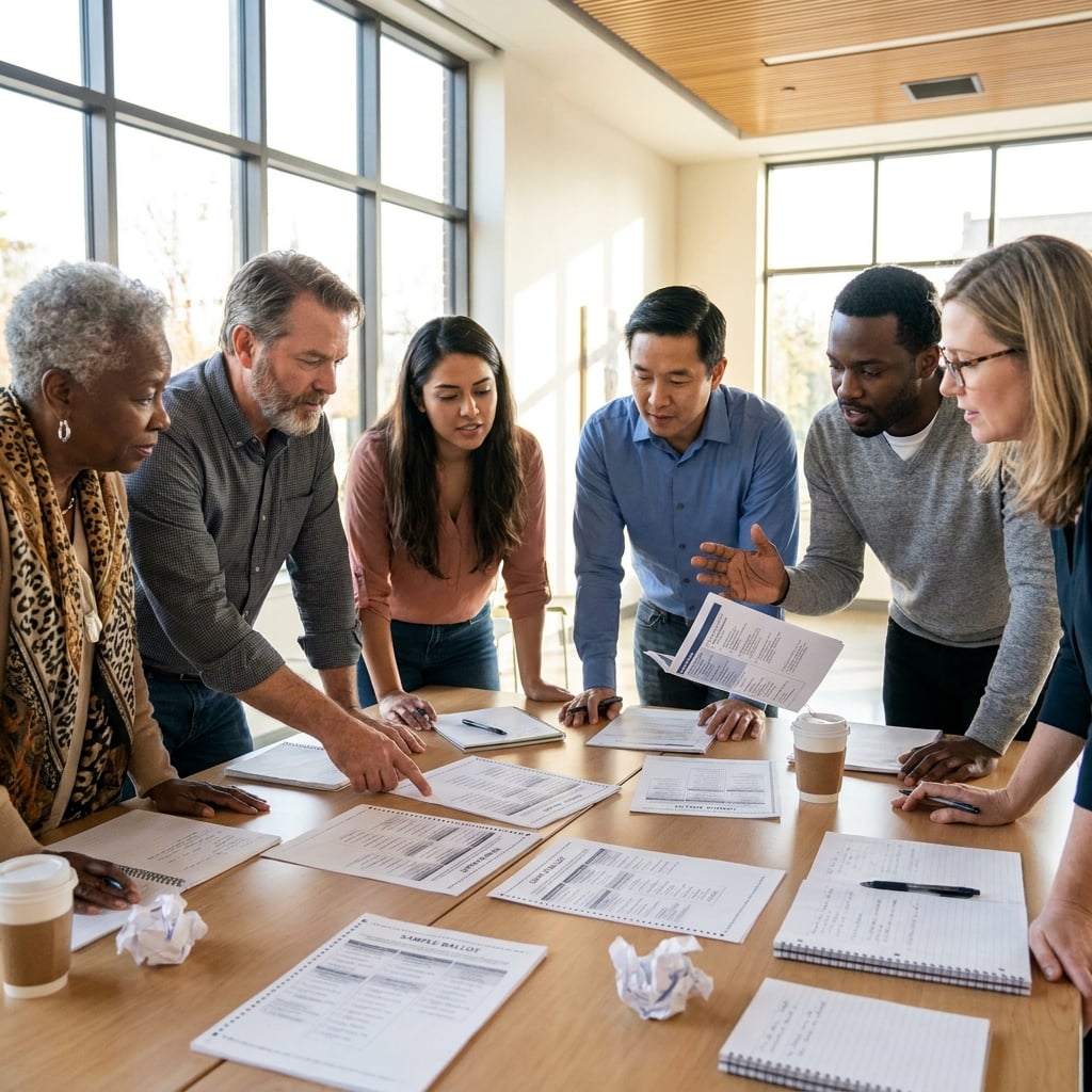 A diverse group of professionals collaborating around a table with documents and coffee cups.