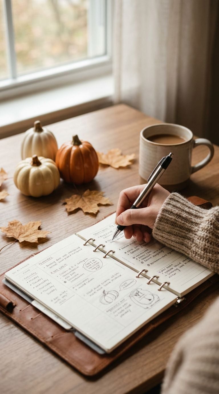 A person is writing in a planner on a wooden table with decorative pumpkins and a cup of coffee nearby.