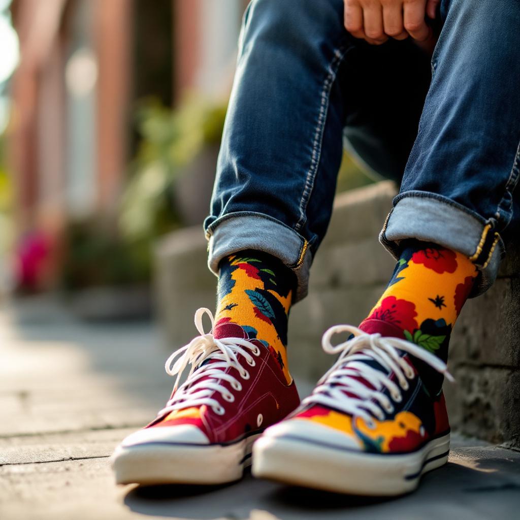 A person sitting on a stone ledge wearing colorful floral socks and casual sneakers.