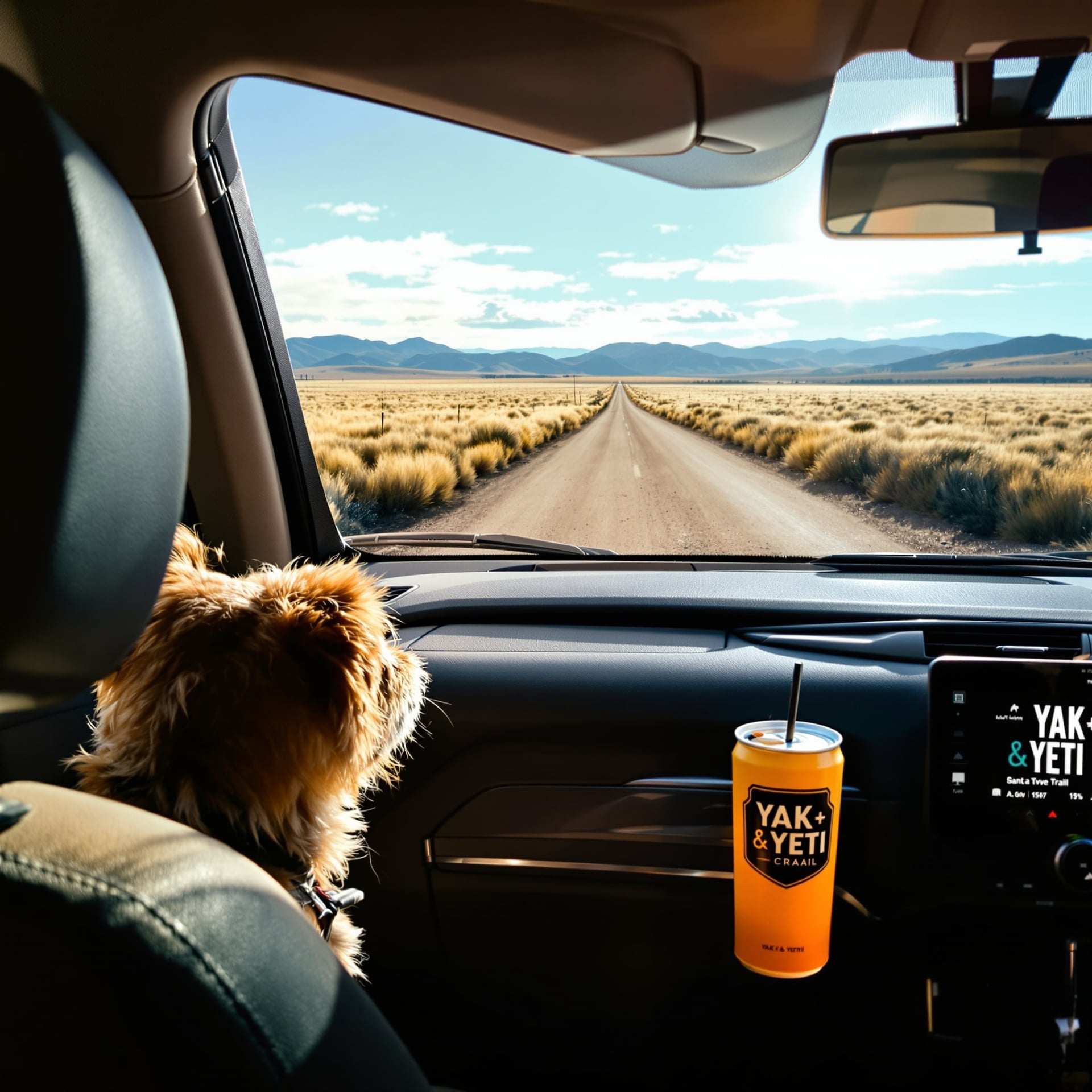A dog sits in a car looking out at a dirt road leading into a vast landscape.