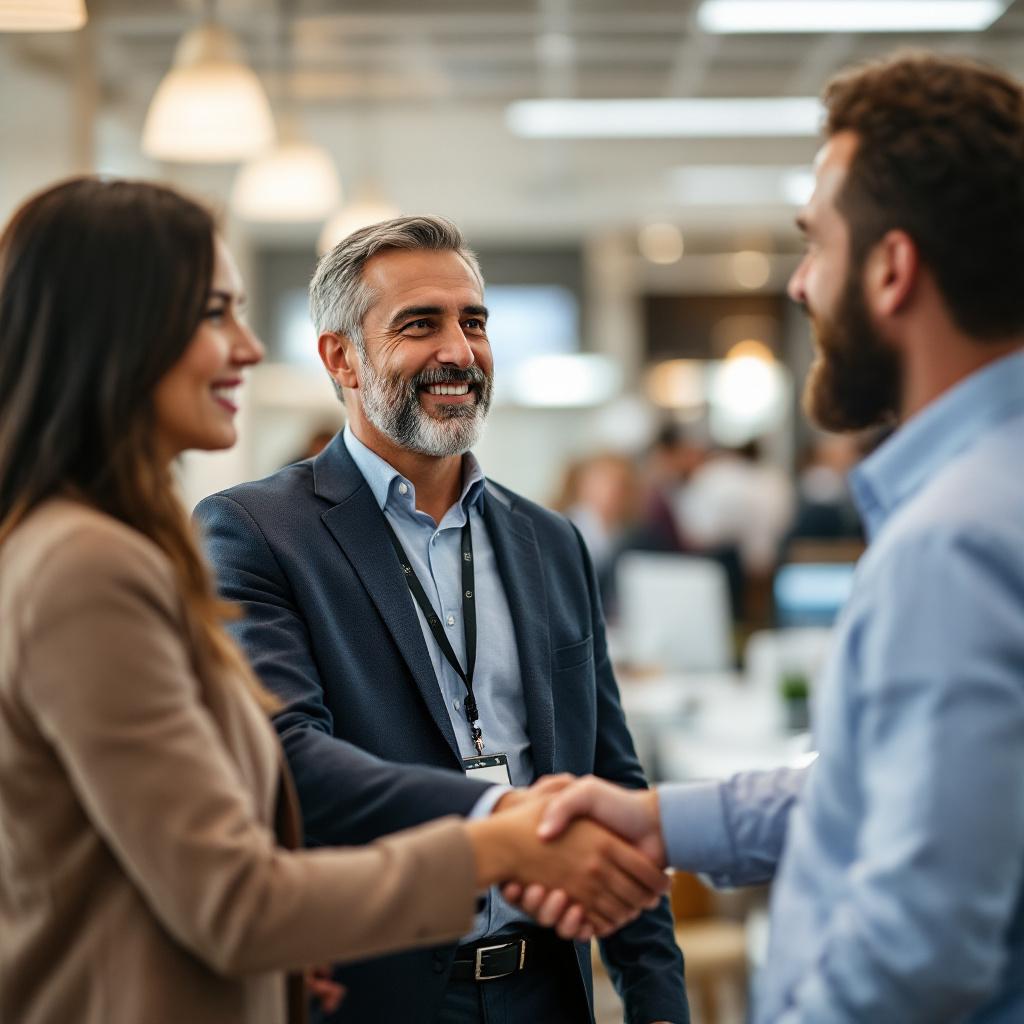 A business meeting where two professionals are shaking hands while a third person smiles in the background.