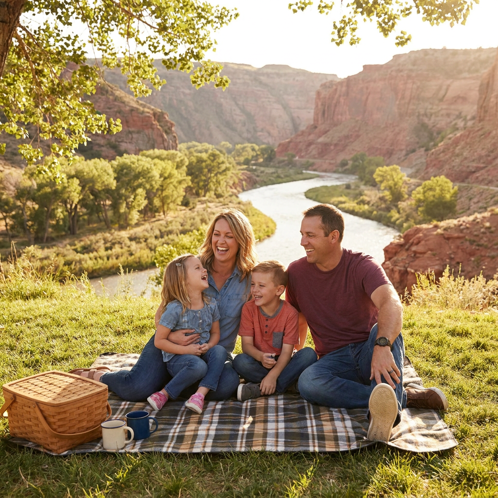A family enjoys a picnic by a river surrounded by cliffs.