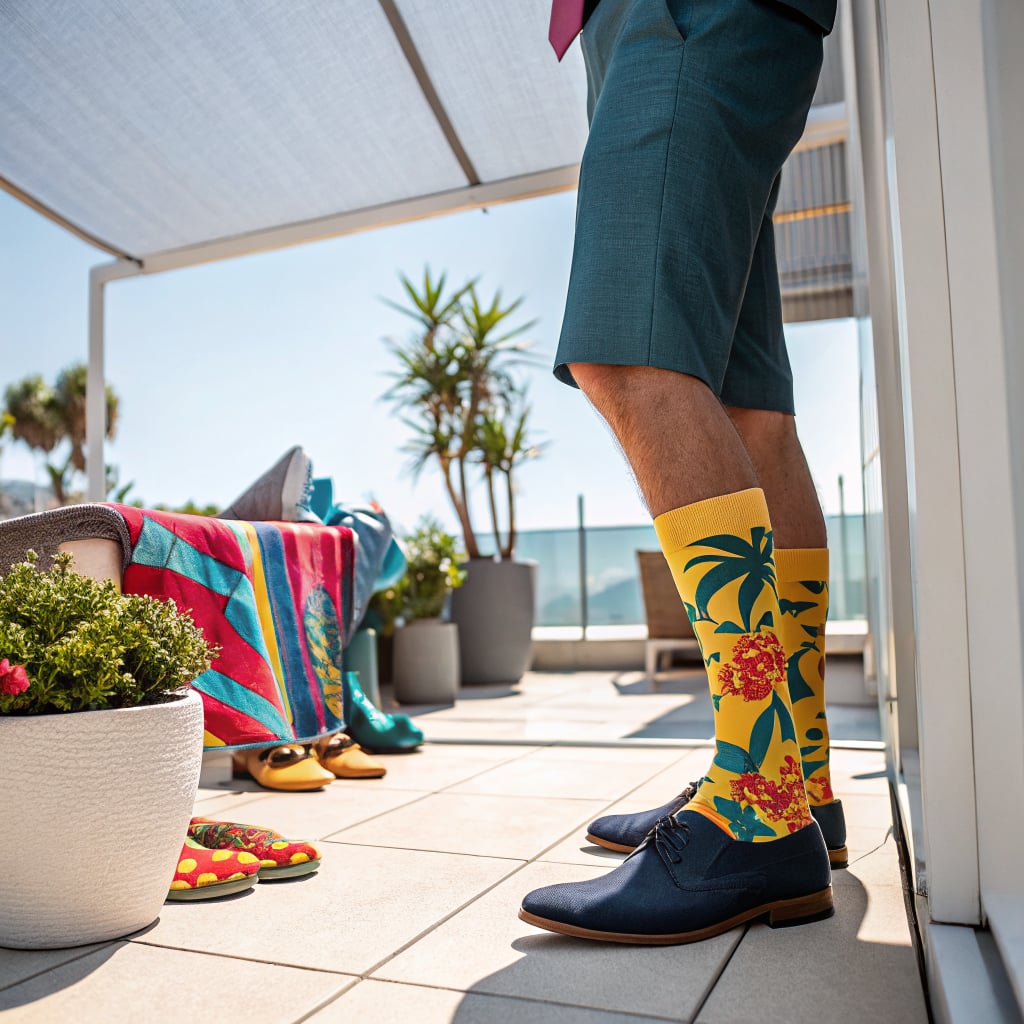 A person wearing colorful socks and shoes stands on a patio with tropical decor.