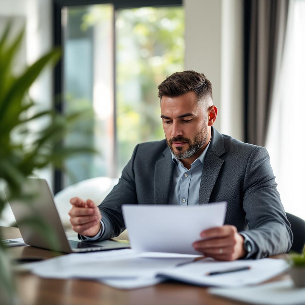 A man in a suit is sitting at a desk reviewing documents.
