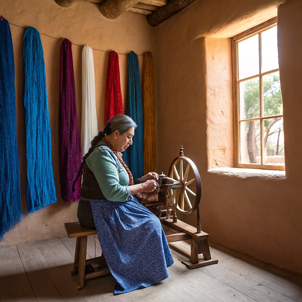 A woman is spinning yarn at a spinning wheel in a room with colorful yarn hanging on the walls.