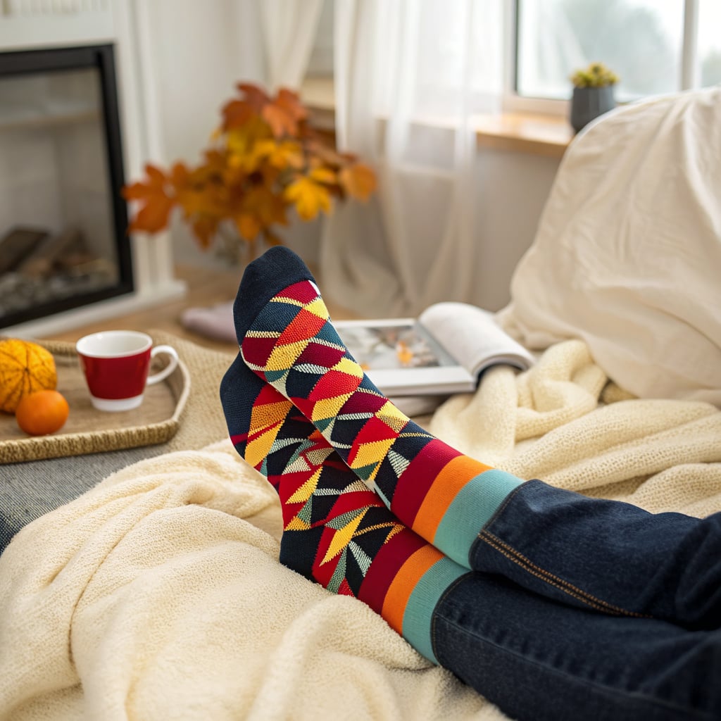 A pair of colorful patterned socks is worn by a person relaxing on a cozy blanket in a living room setting.