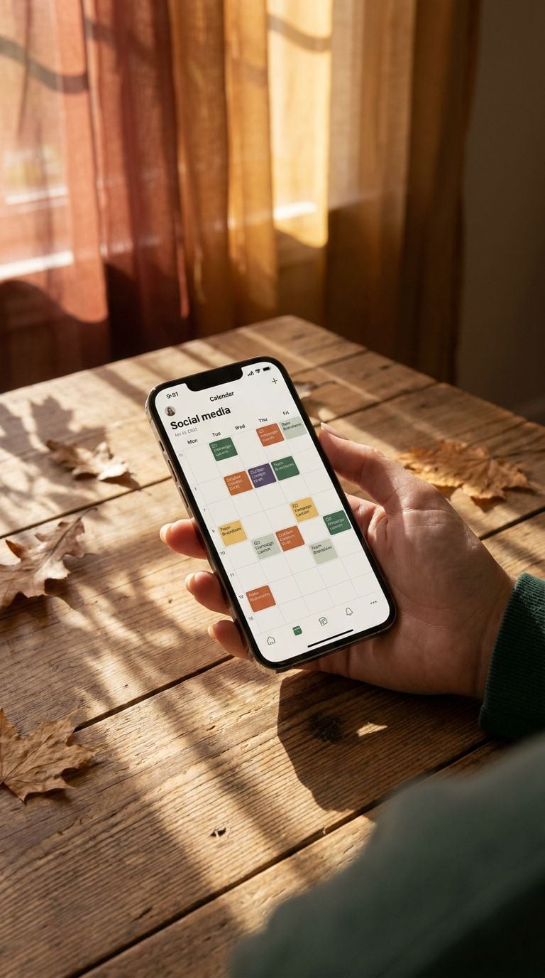 A person holding a smartphone displaying a social media calendar on a wooden table with autumn leaves.