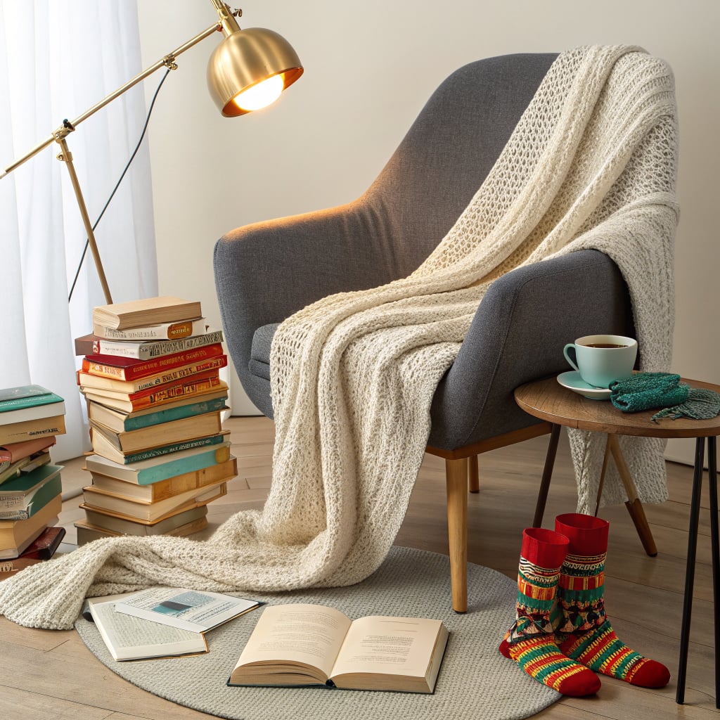 A cozy reading nook featuring a chair, blanket, books, and a cup of coffee.