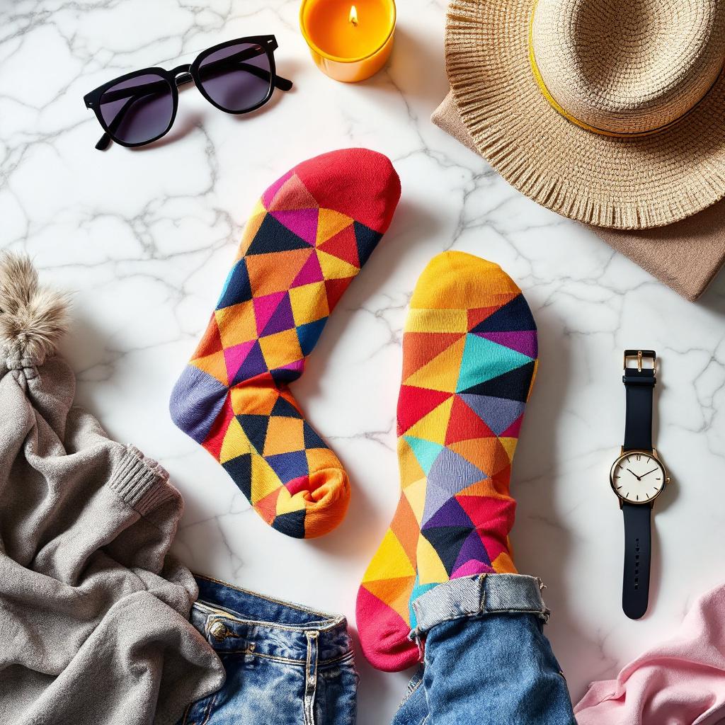 A flat lay arrangement featuring colorful patterned socks, sunglasses, a candle, a straw hat, a sweater, denim jeans, and a watch.