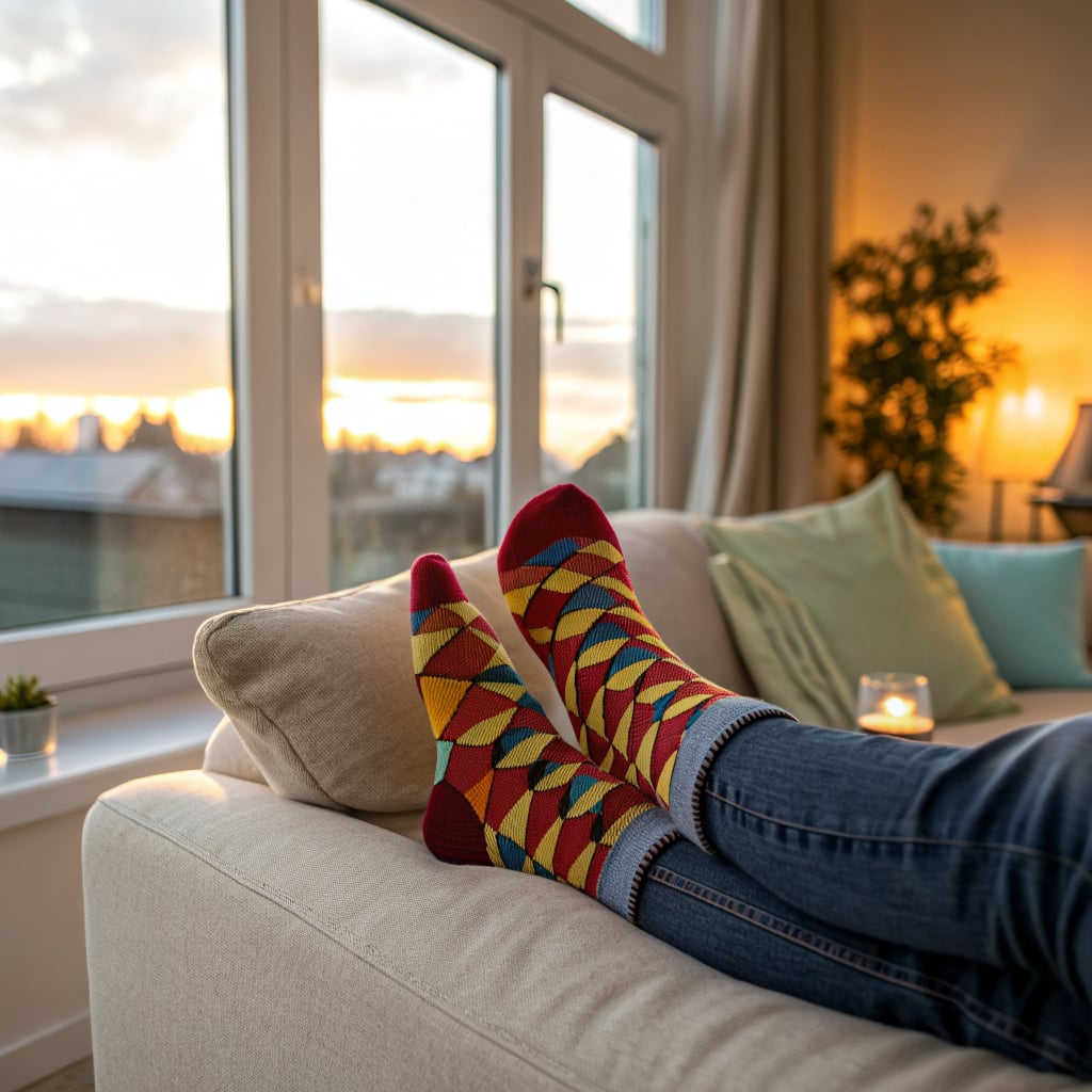 A person is relaxing on a couch with colorful patterned socks, while a sunset is visible through the window.