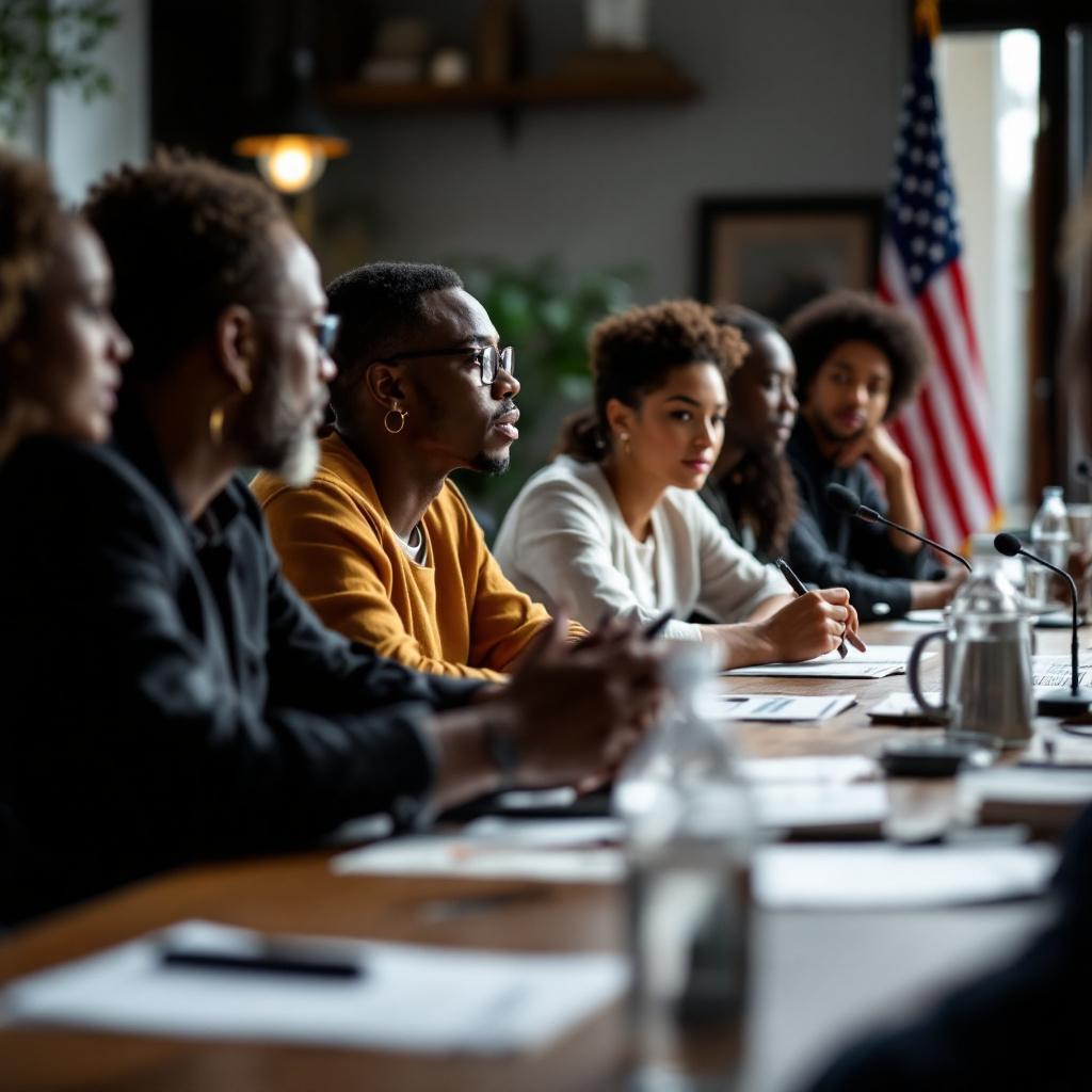 A diverse group of people engaged in a discussion around a conference table.
