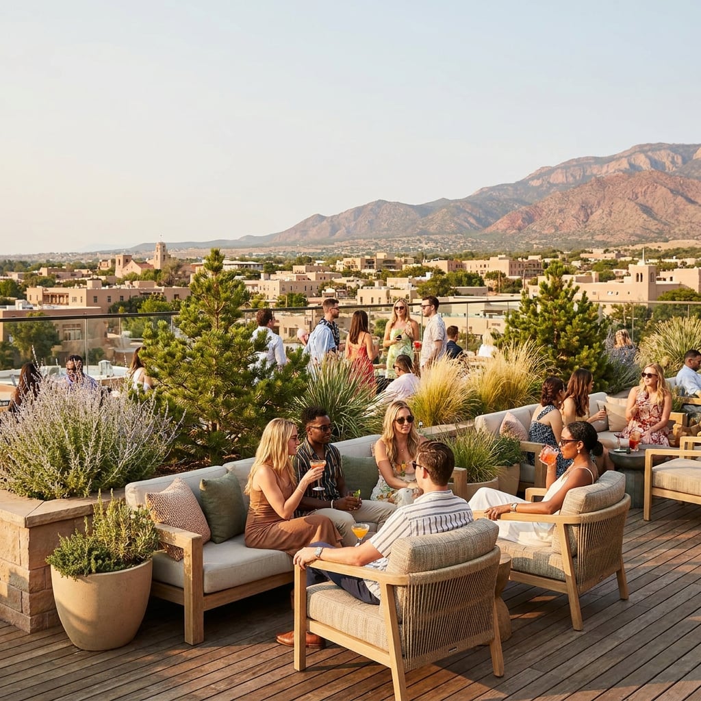A rooftop gathering with people socializing and enjoying drinks against a mountainous backdrop.
