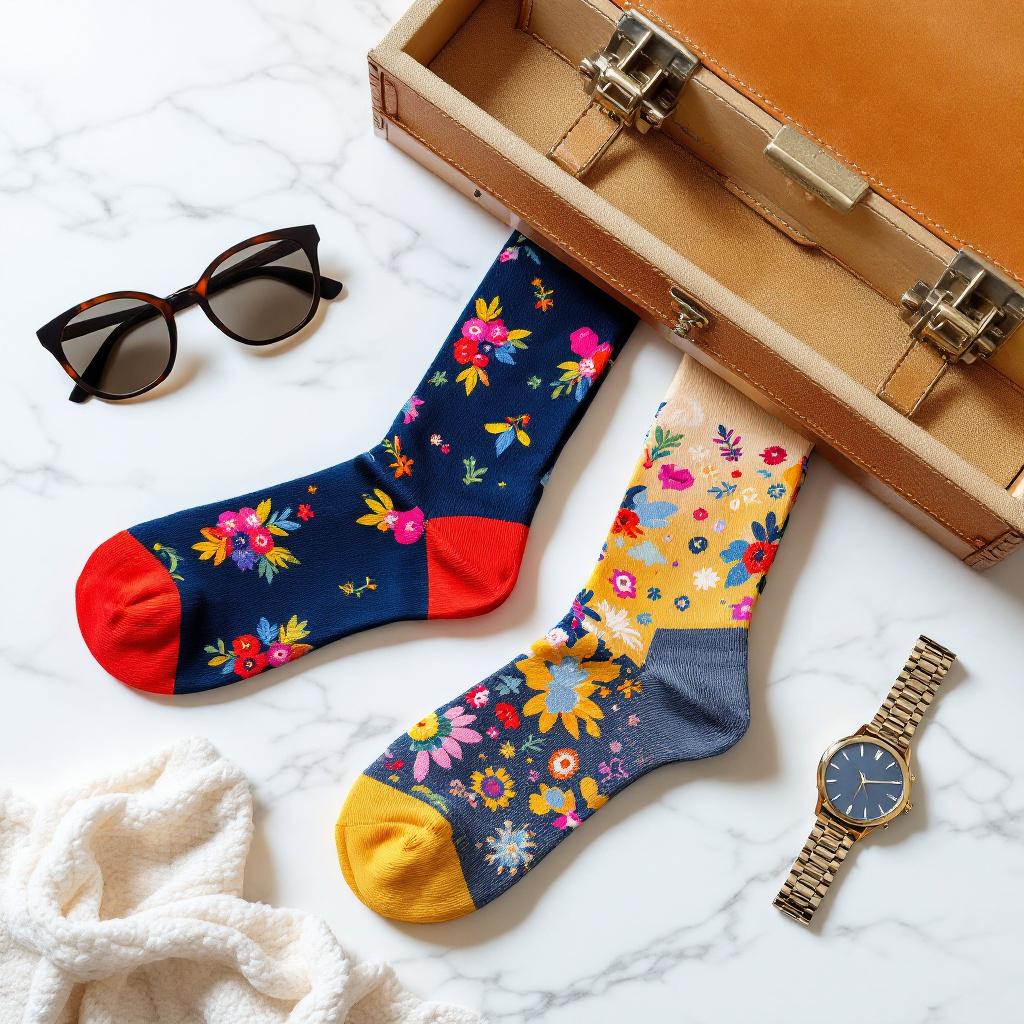 A pair of colorful floral socks is placed next to a suitcase, sunglasses, and a watch on a marble surface.