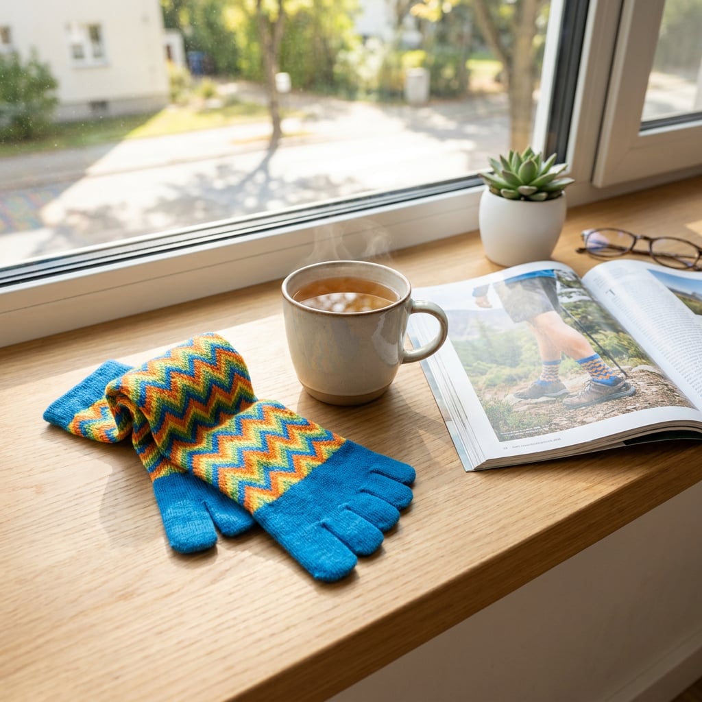 A cozy scene featuring colorful gloves, a steaming cup of coffee, a small plant, and a magazine on a windowsill.