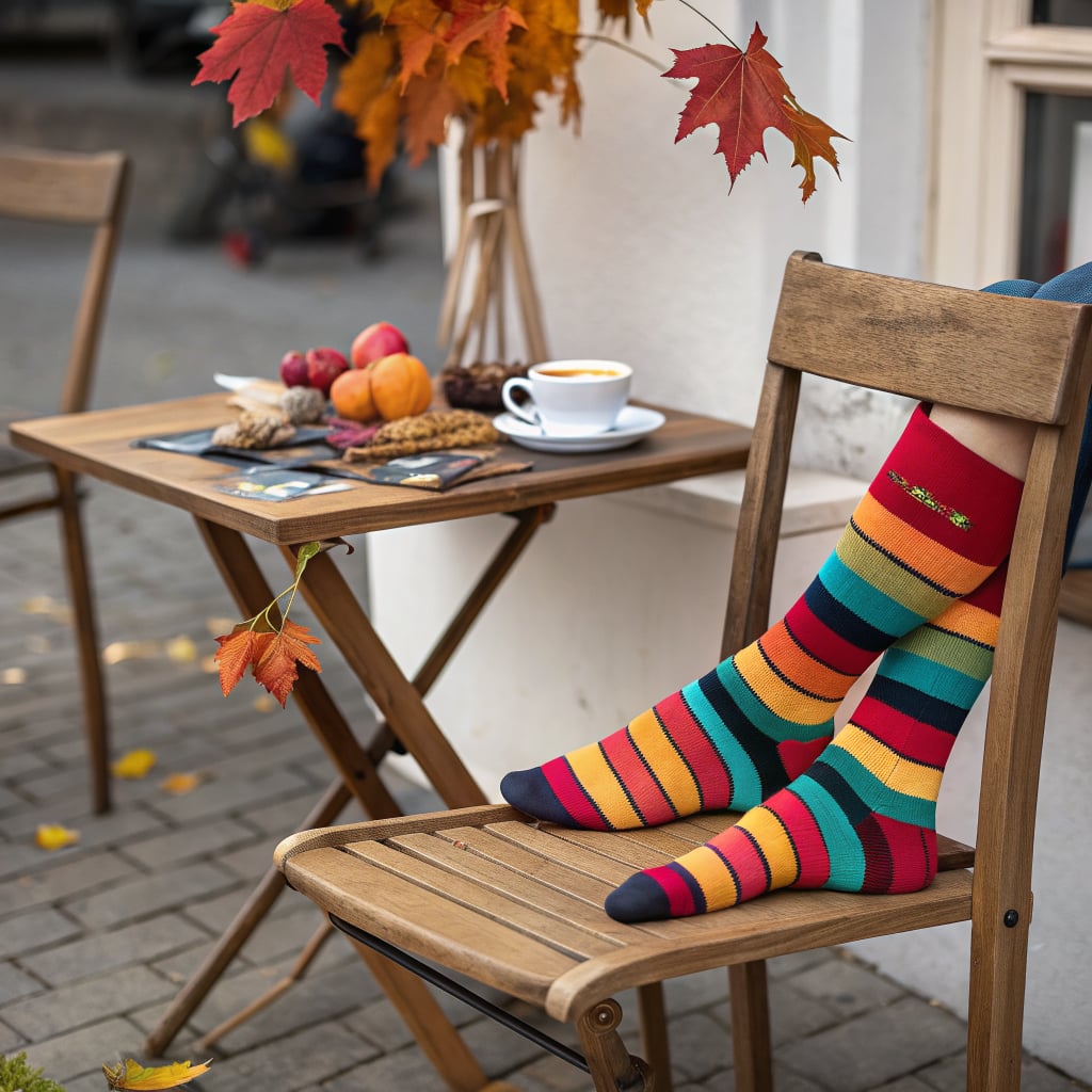 A person wearing colorful striped socks sits at a wooden table with a cup of coffee and autumn leaves.