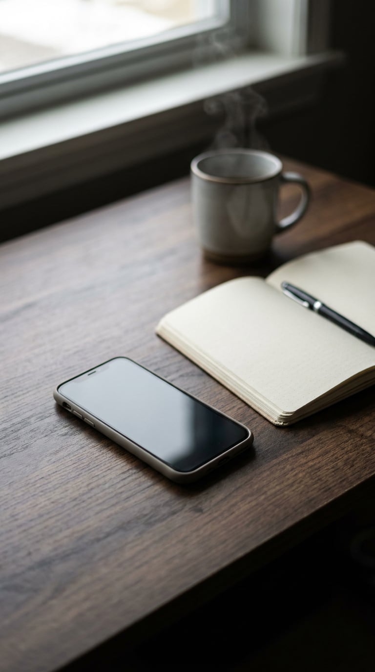 A smartphone, a notebook, and a coffee cup are placed on a wooden table near a window.