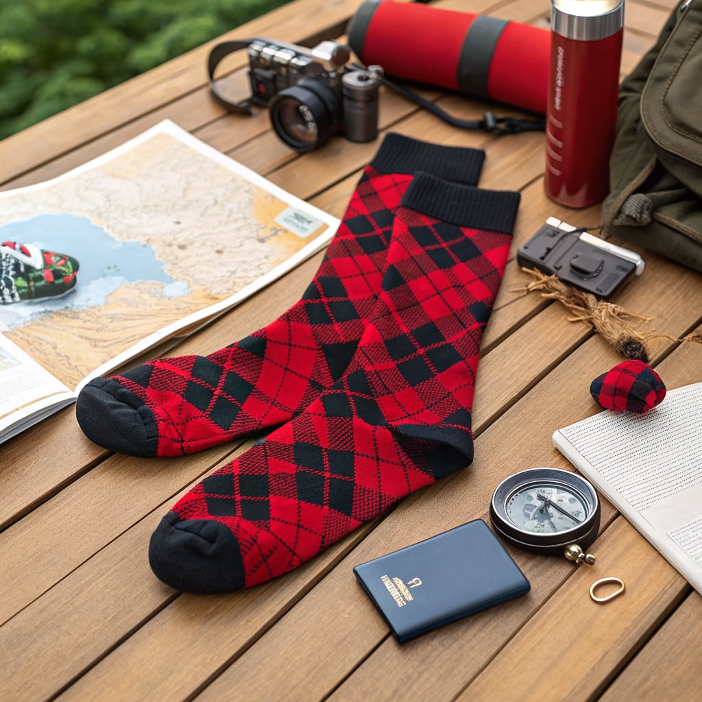 A pair of red and black argyle socks is placed on a wooden table alongside a camera, map, compass, and other outdoor gear.