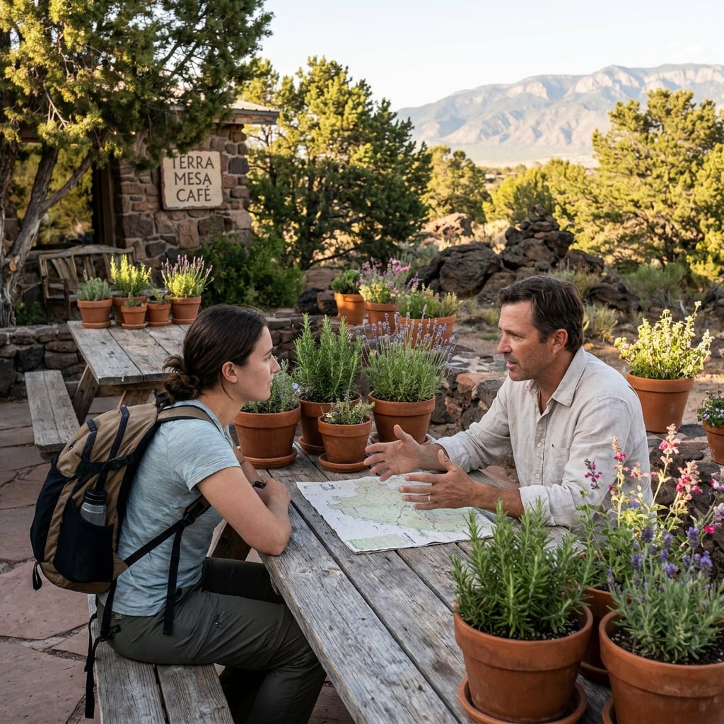 A man and a woman are discussing a map at an outdoor café surrounded by potted plants and mountains in the background.