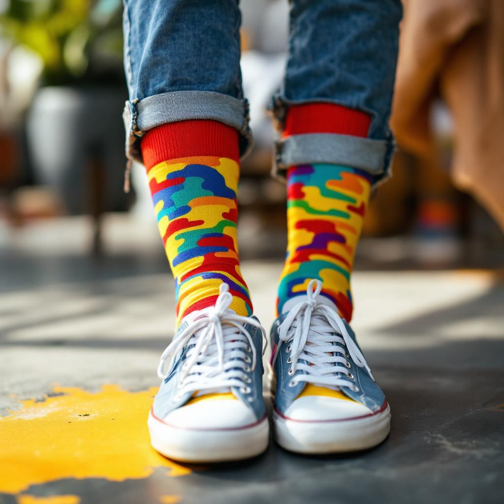 A person wearing colorful patterned socks and sneakers is standing on a painted floor.