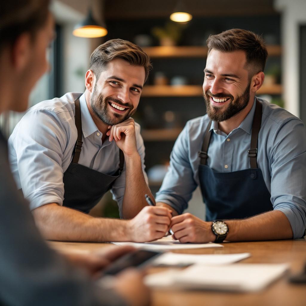 Two smiling men in aprons are discussing and taking notes at a table.