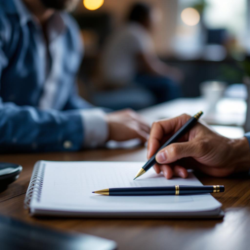 A close-up of a hand writing in a notebook with a pen, while another person is blurred in the background.