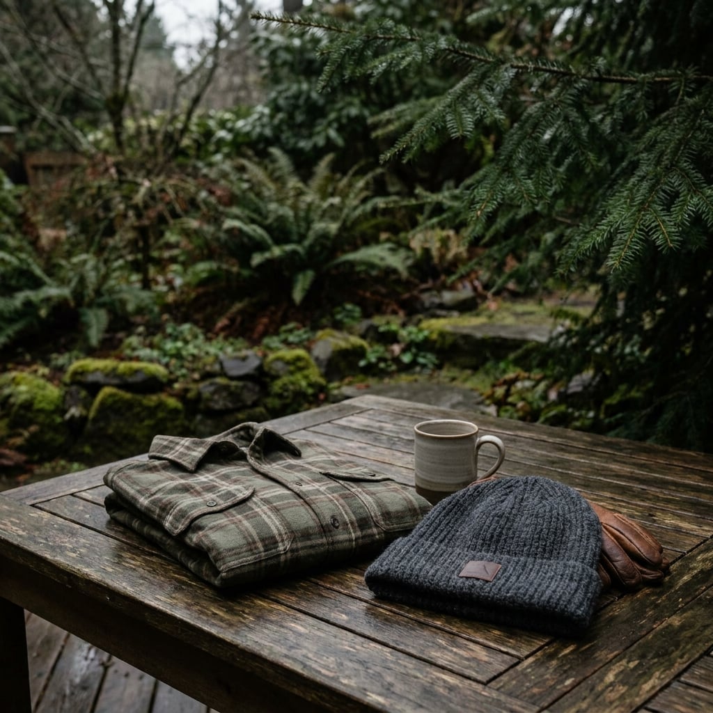 A cozy outdoor scene featuring a flannel shirt, a knitted beanie, a pair of gloves, and a mug on a wooden table surrounded by greenery.