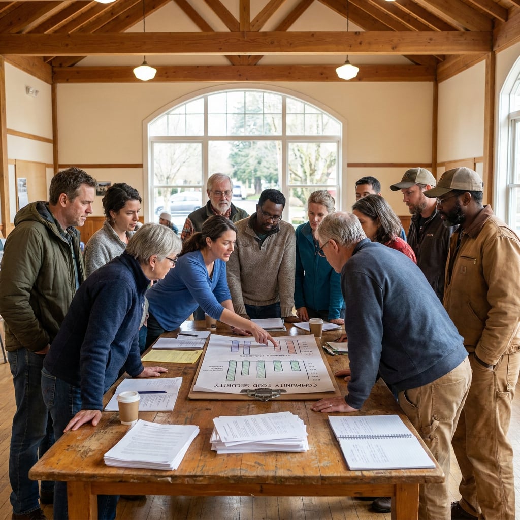 A group of people gathered around a table discussing a community project.