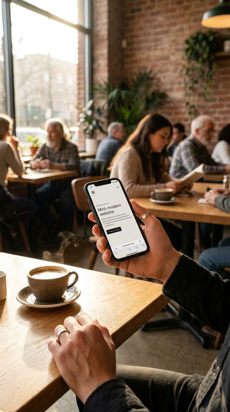 A person holding a smartphone while sitting at a café table with coffee and other patrons in the background.