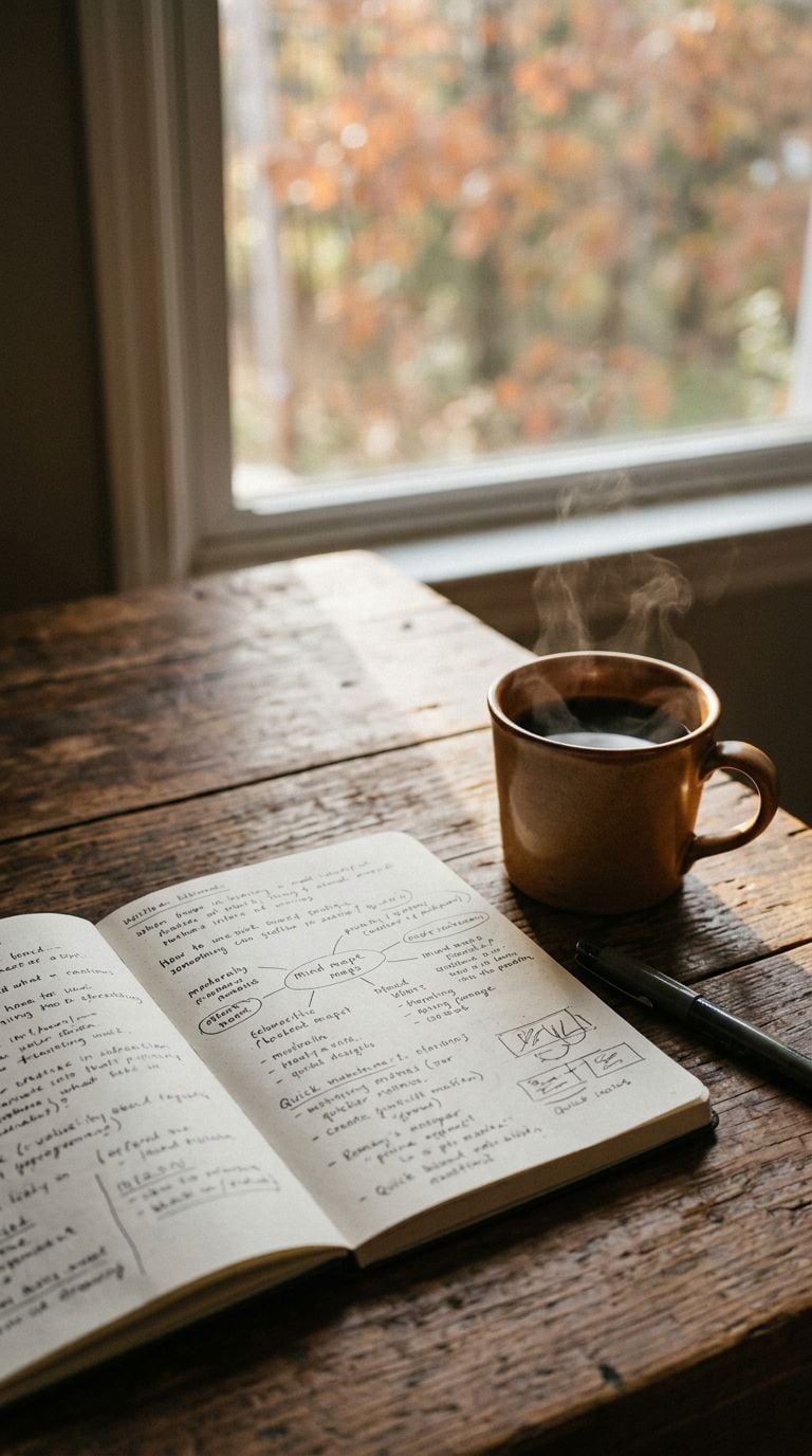 An open notebook with handwritten notes and a steaming cup of coffee sit on a wooden table by a window.