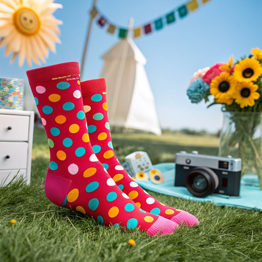 A pair of colorful polka dot socks is displayed on a grassy surface with a camera and flowers in the background.