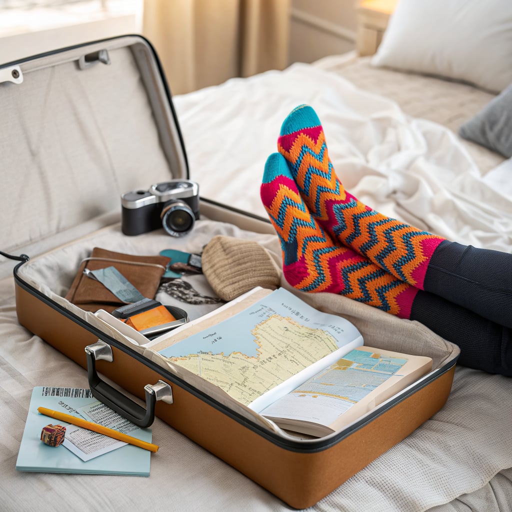 A person is relaxing with colorful socks on a bed next to an open suitcase filled with travel essentials.