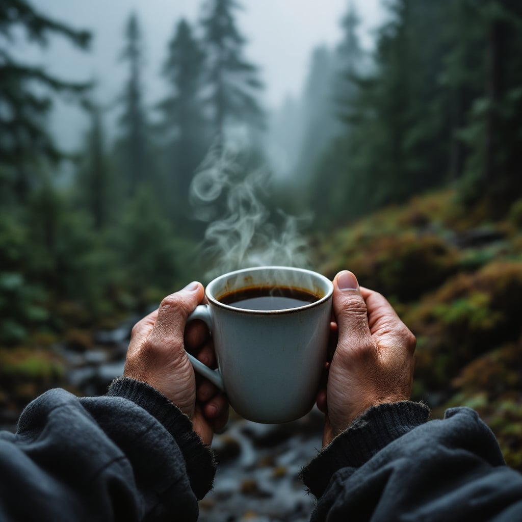 A person holding a steaming cup of coffee in a misty forest.