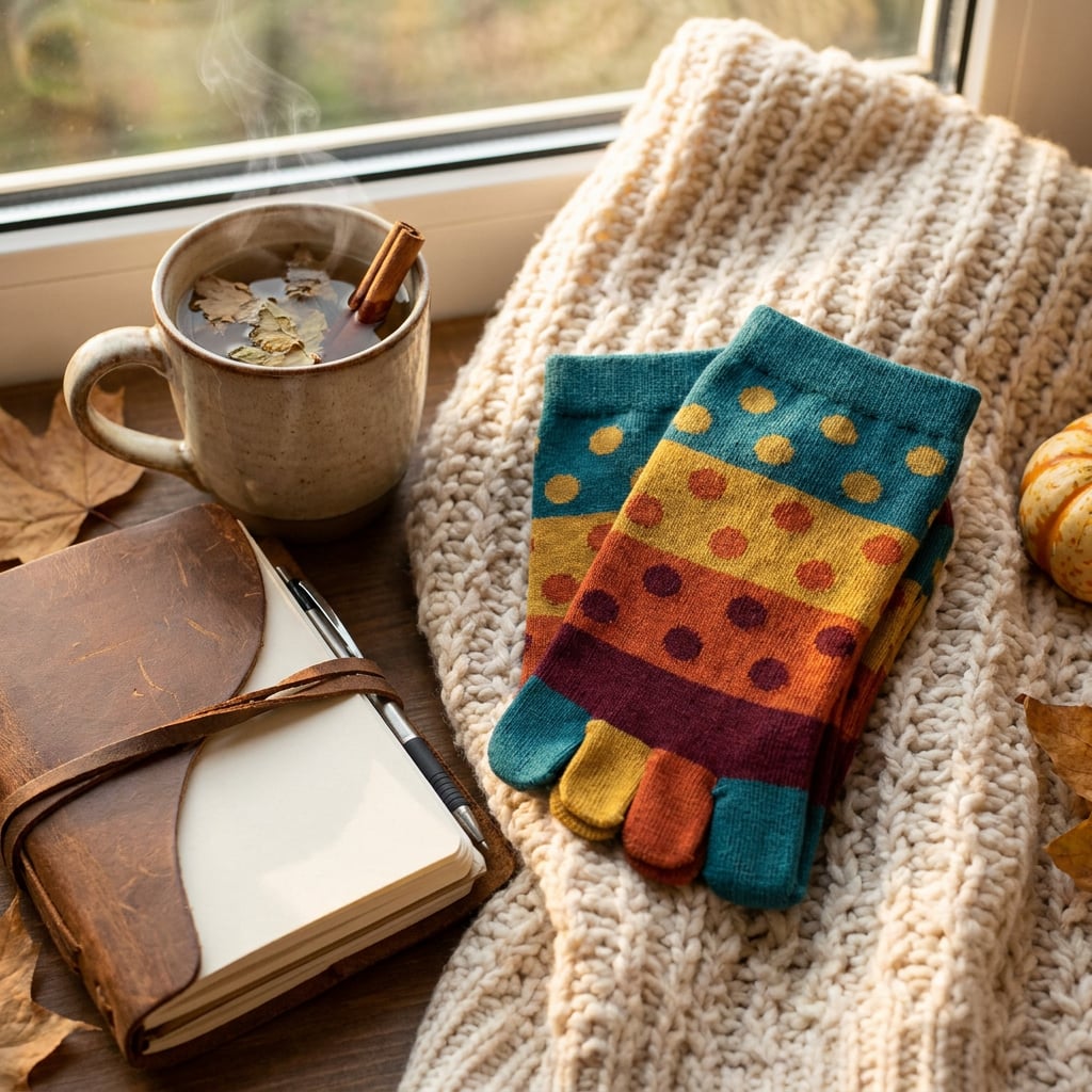 A cozy scene featuring a cup of tea, colorful gloves, a notebook, and autumn leaves by a window.