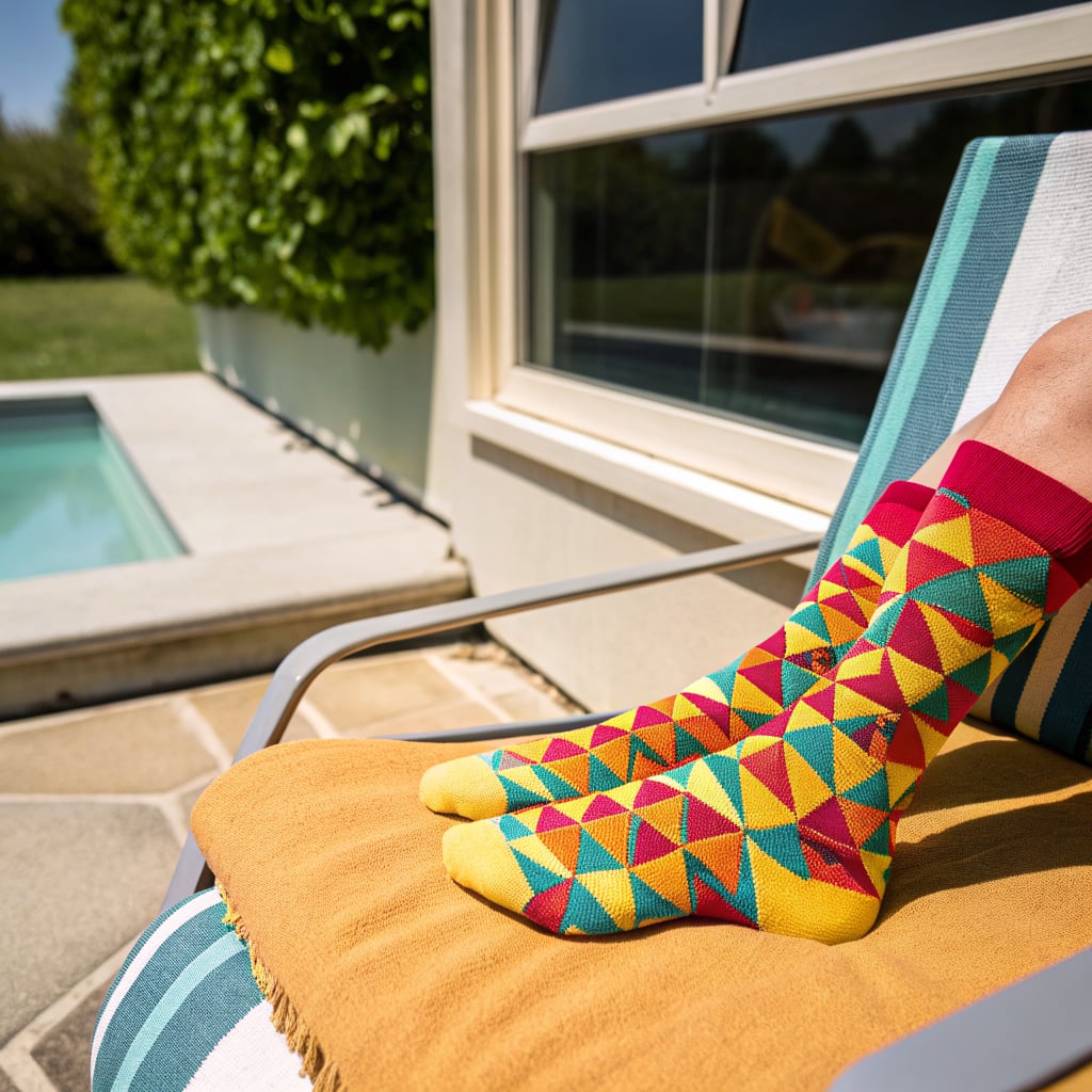 A person wearing colorful patterned socks is relaxing on a lounge chair by a pool.