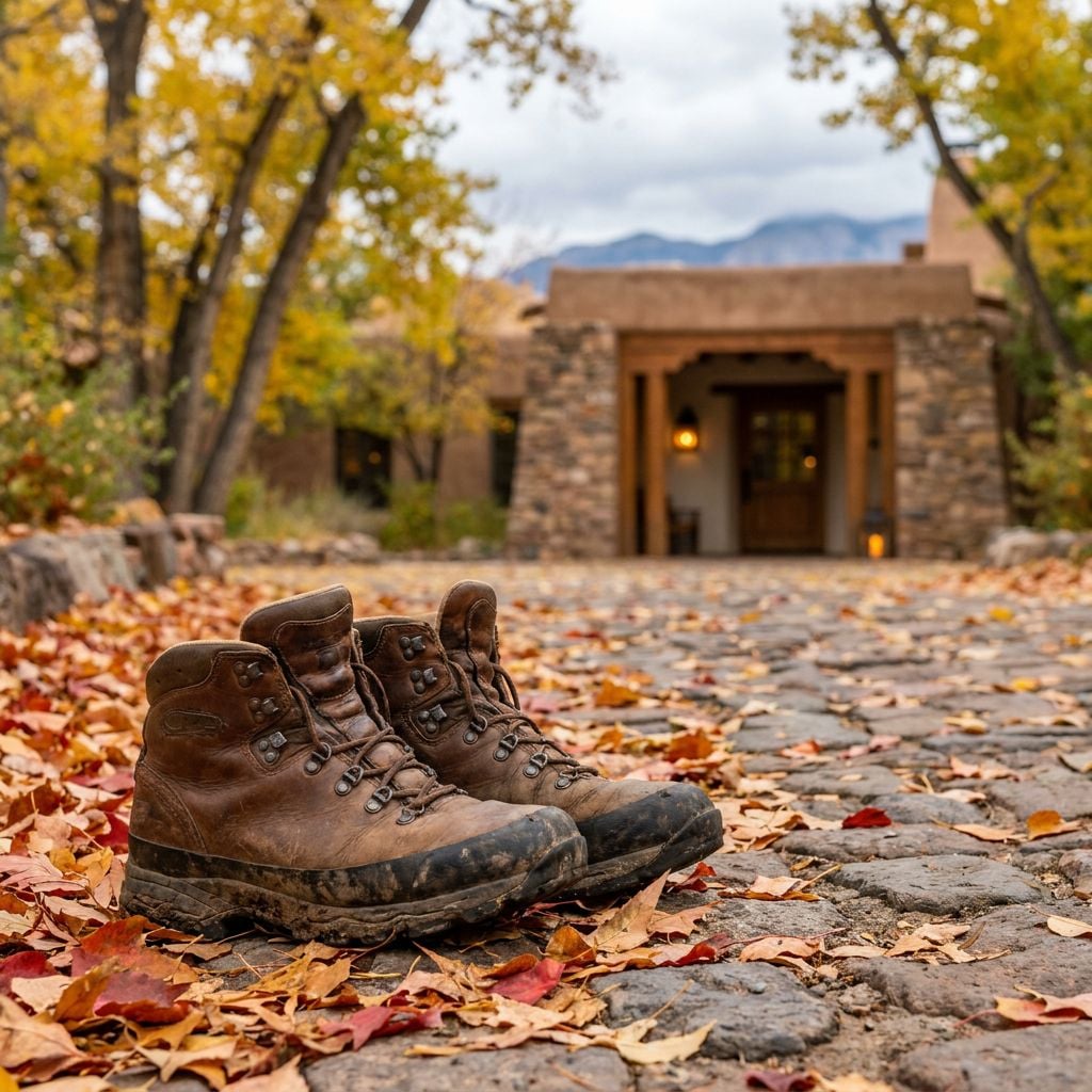 A pair of worn hiking boots sits on a cobblestone path covered with autumn leaves in front of a rustic building.