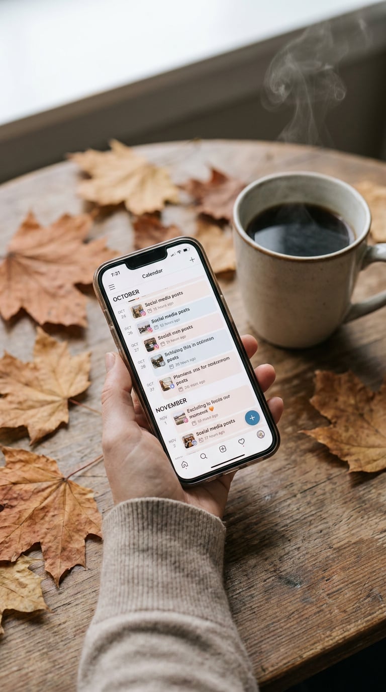 A person holding a smartphone displaying a calendar app next to a cup of coffee and autumn leaves.