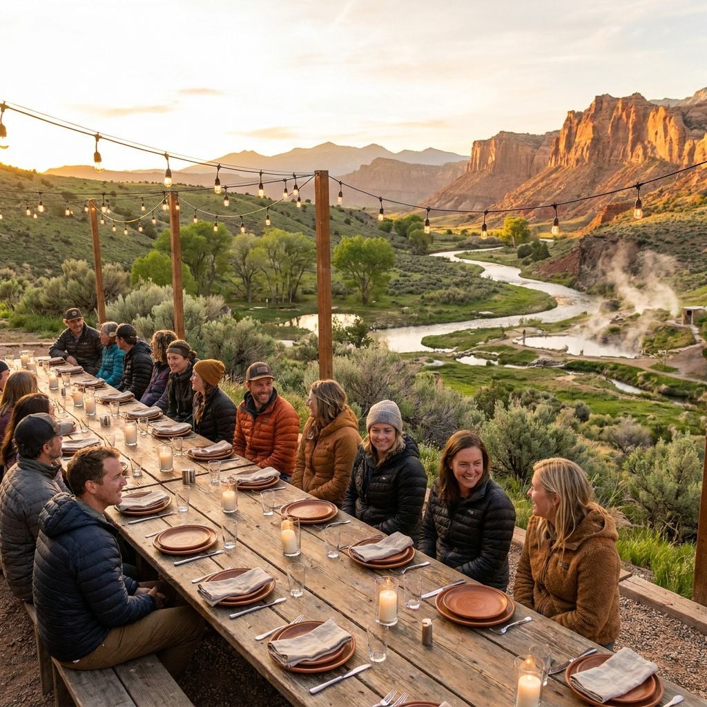A group of people dining at a long table outdoors with a scenic view of mountains and a river.
