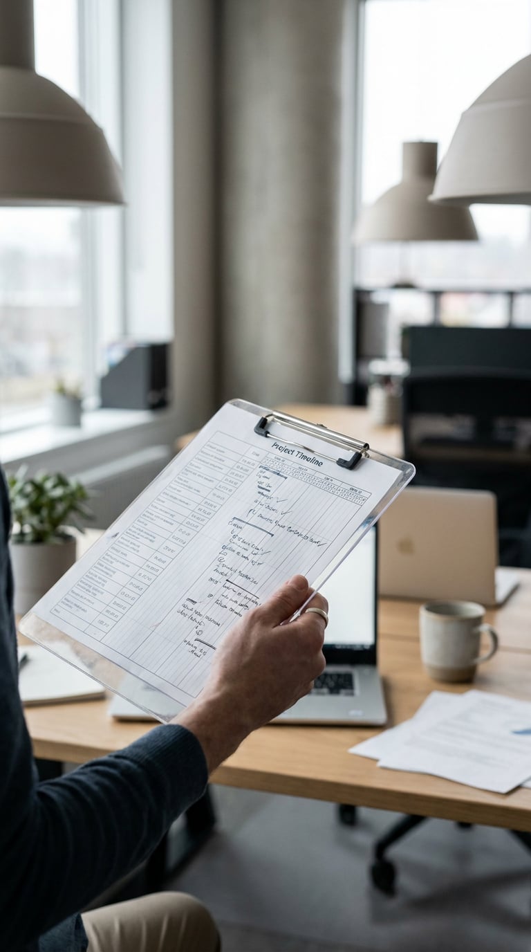 A person holding a clipboard with notes in an office setting.