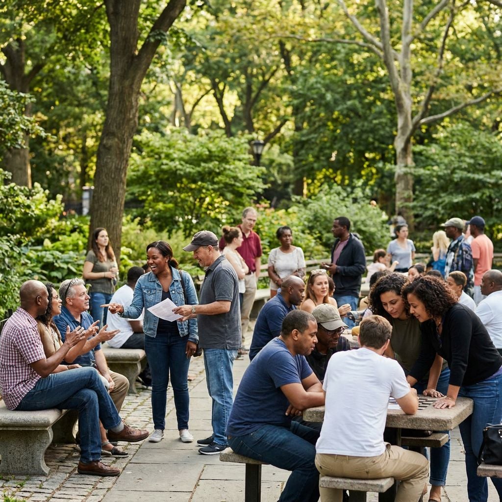 A diverse group of people socializing in a park setting.