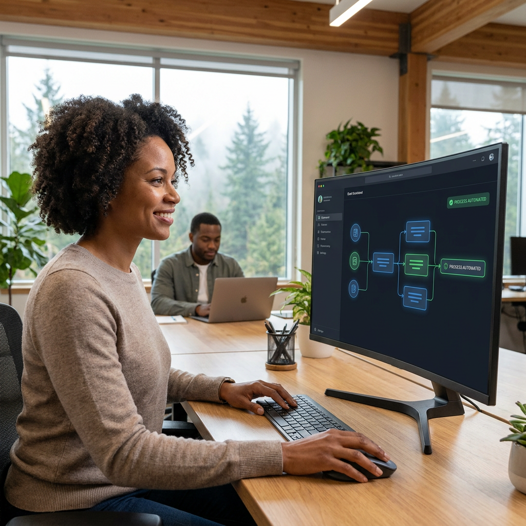 A woman is working on a computer at a desk in a modern office environment.