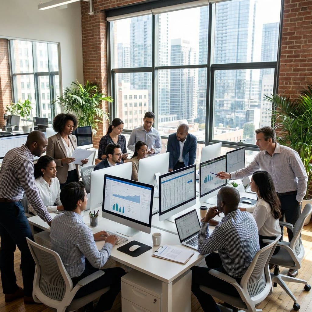 A diverse group of professionals collaborating in a modern office space with large windows and multiple computer screens displaying data.