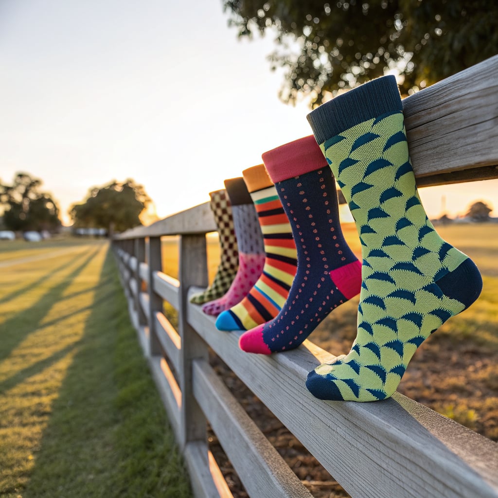 A row of colorful socks is displayed on a wooden fence in a sunny outdoor setting.