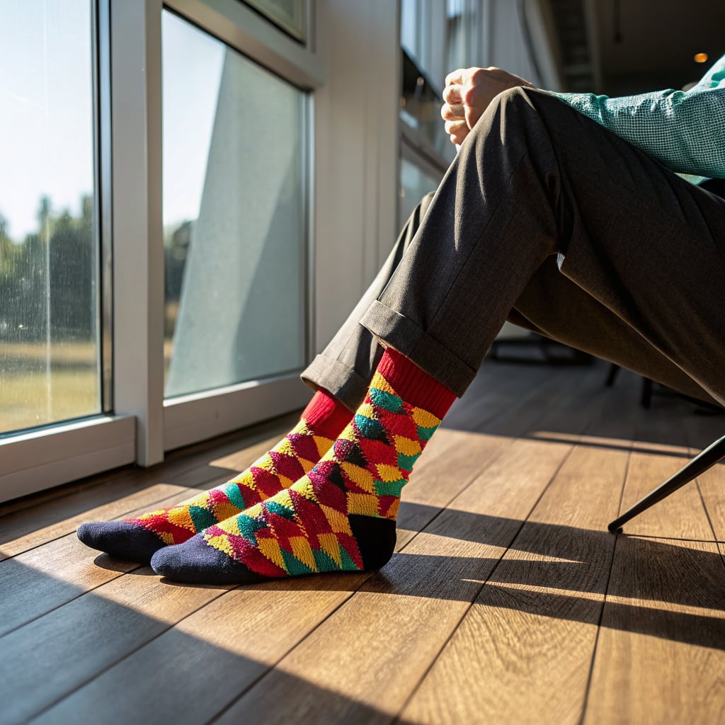 A person sitting by a window wearing colorful patterned socks.