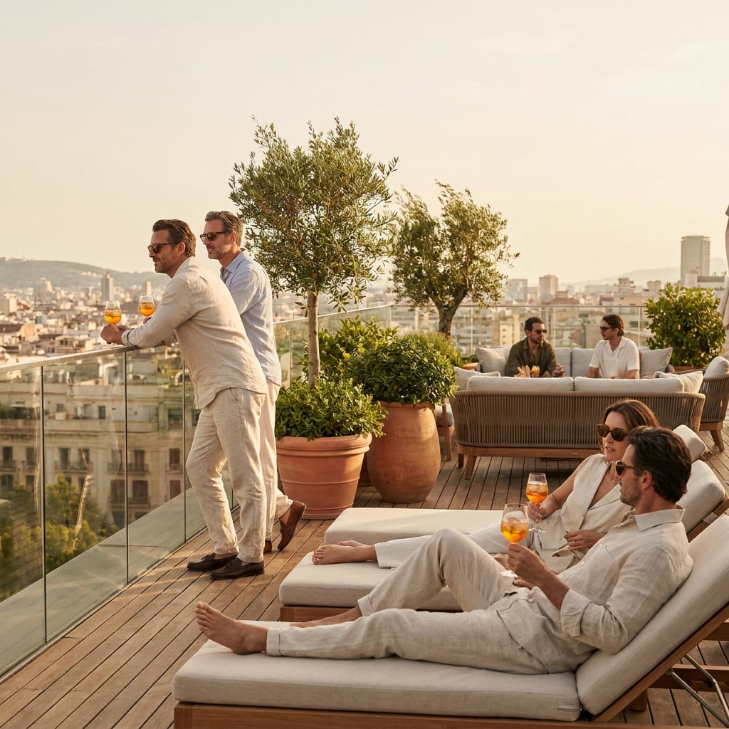 A group of people enjoying drinks on a rooftop terrace with a city view.