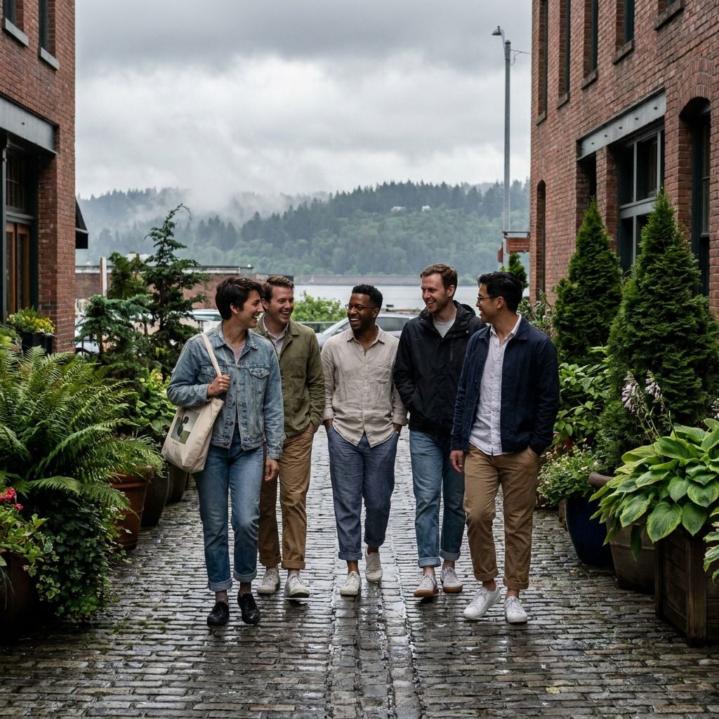 A group of five people walking together in a brick alley surrounded by greenery.