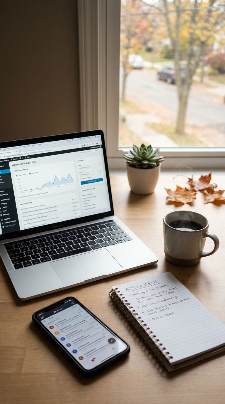 A workspace setup featuring a laptop, smartphone, coffee mug, and a notepad with a plant in the background.