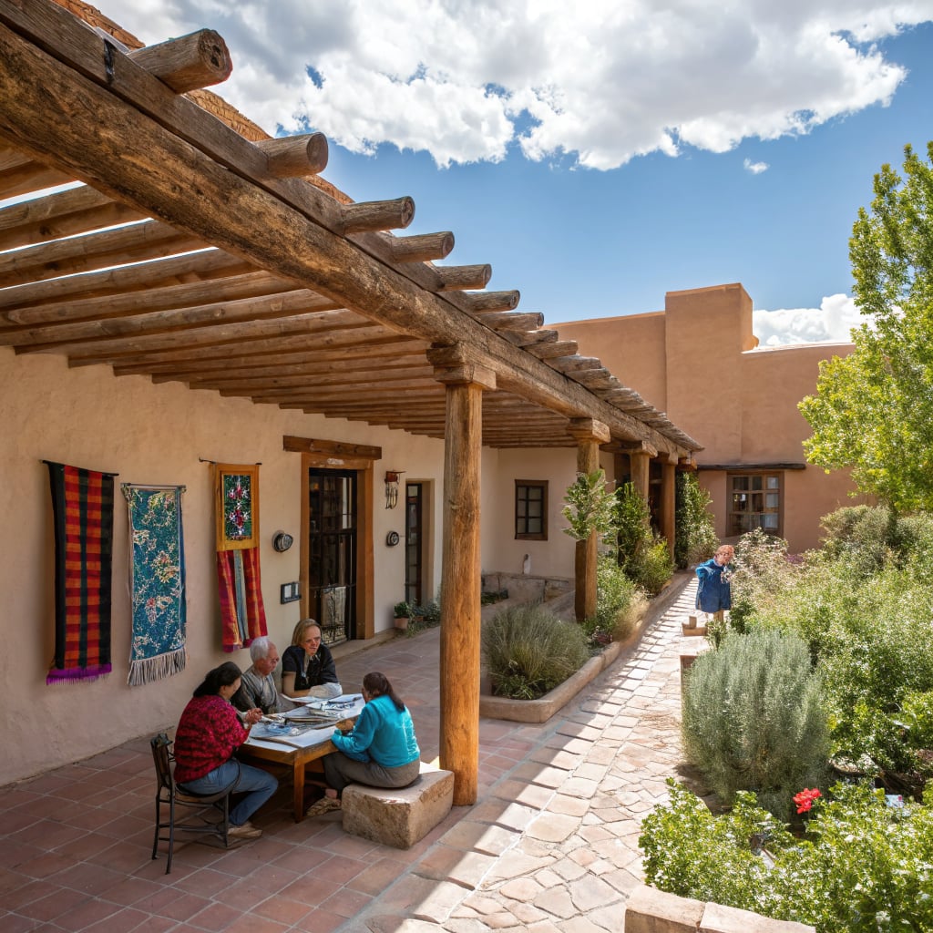 A group of people are gathered around a table on a patio surrounded by greenery and adobe architecture.