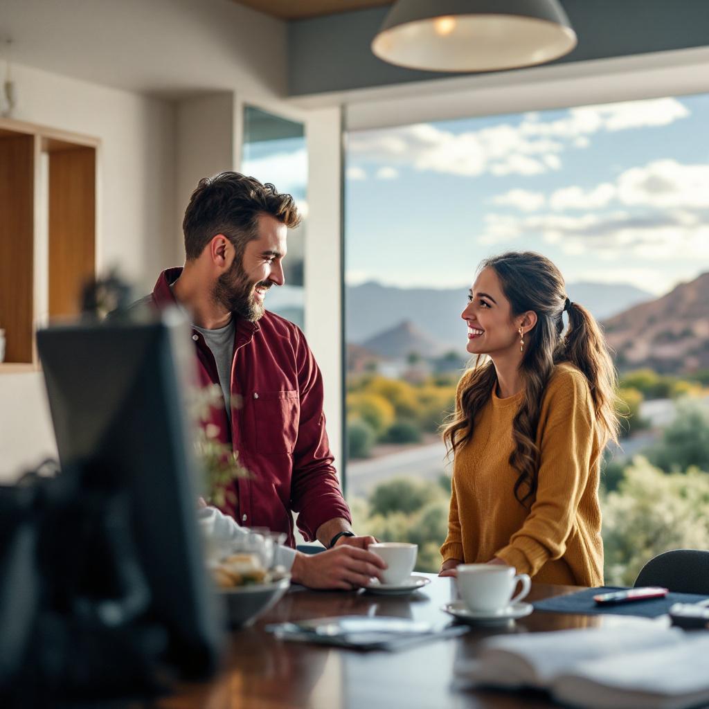 A couple is smiling and enjoying coffee together in a cozy setting with a scenic view.