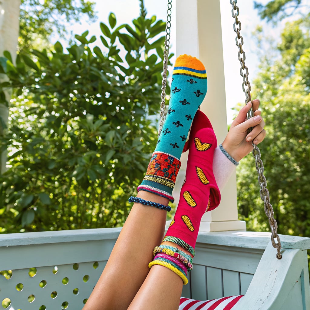 A person is sitting on a swing with colorful socks and bracelets.